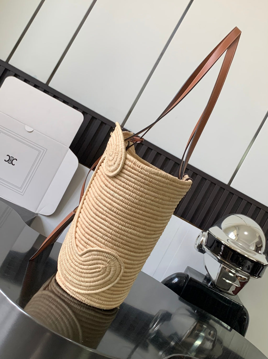 Tan Classic Panier Medium Braided In Raffia & Leather