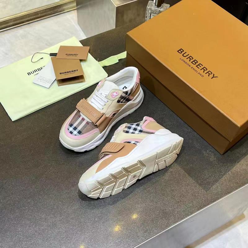 Brown/Pink Check Cotton and Leather Sneakers