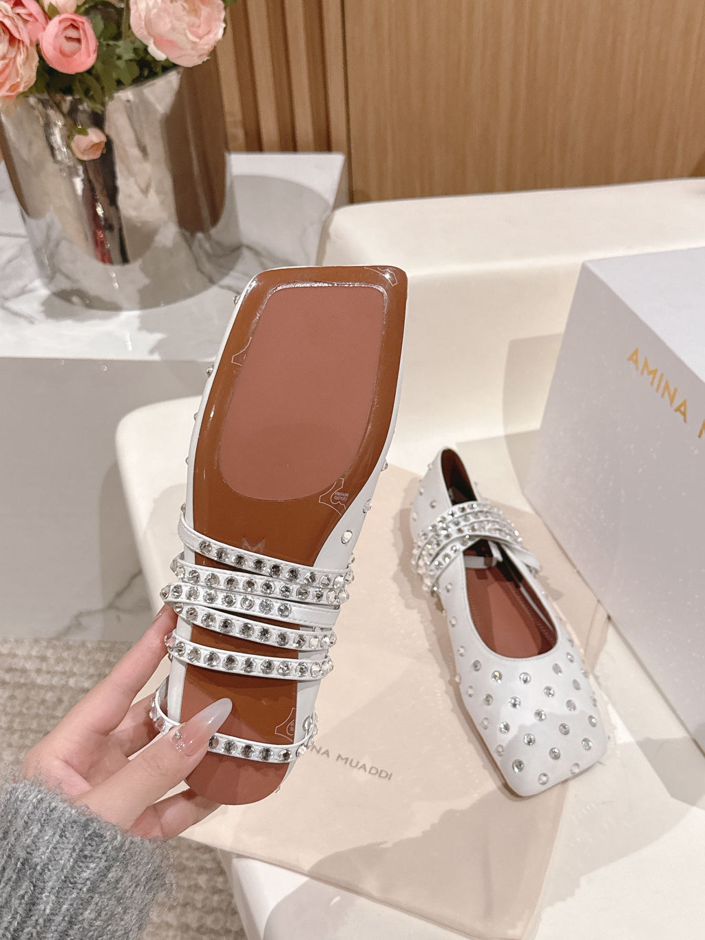 White Ane Embellished Leather Ballet Flats