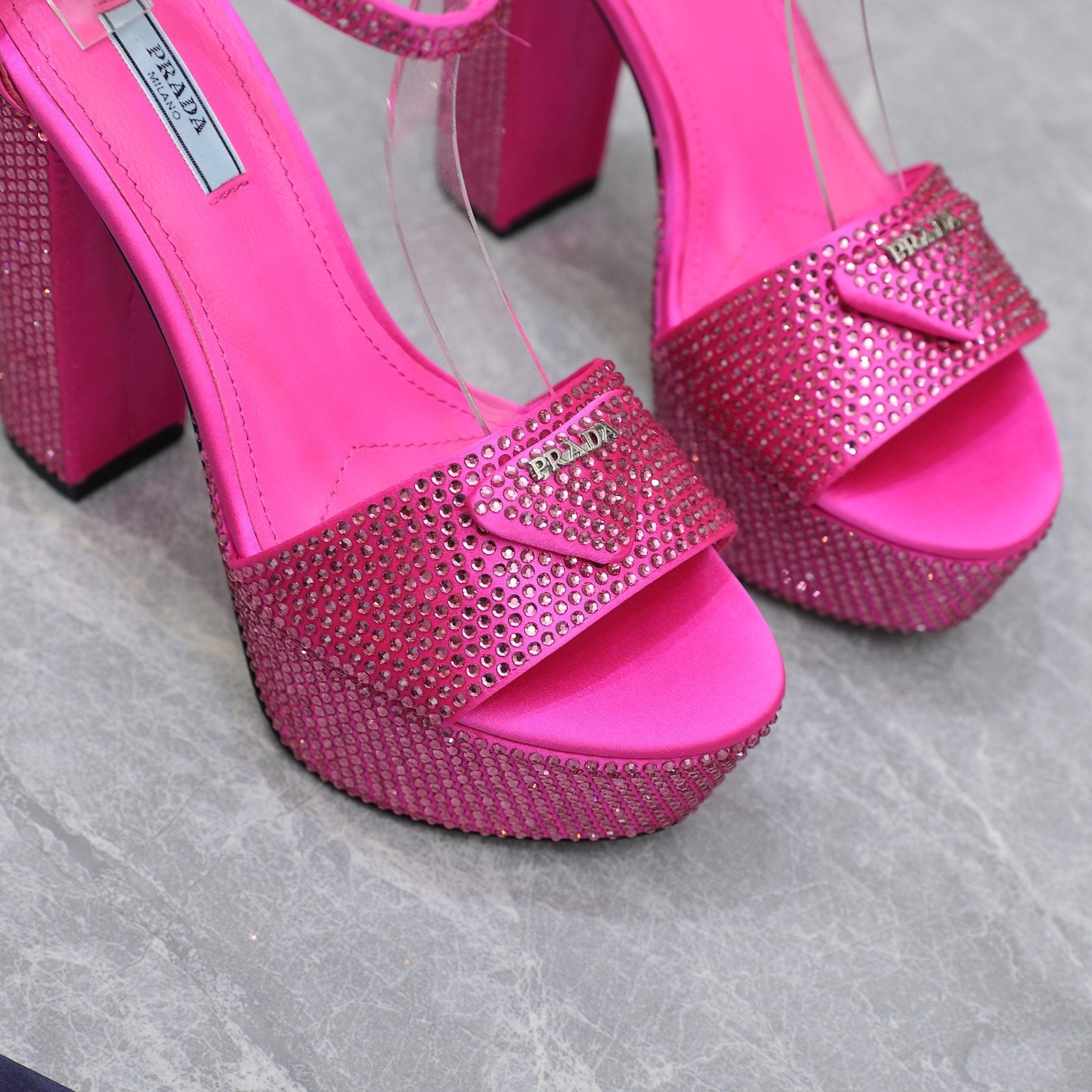 Pink Satin Platform Sandals With Crystals