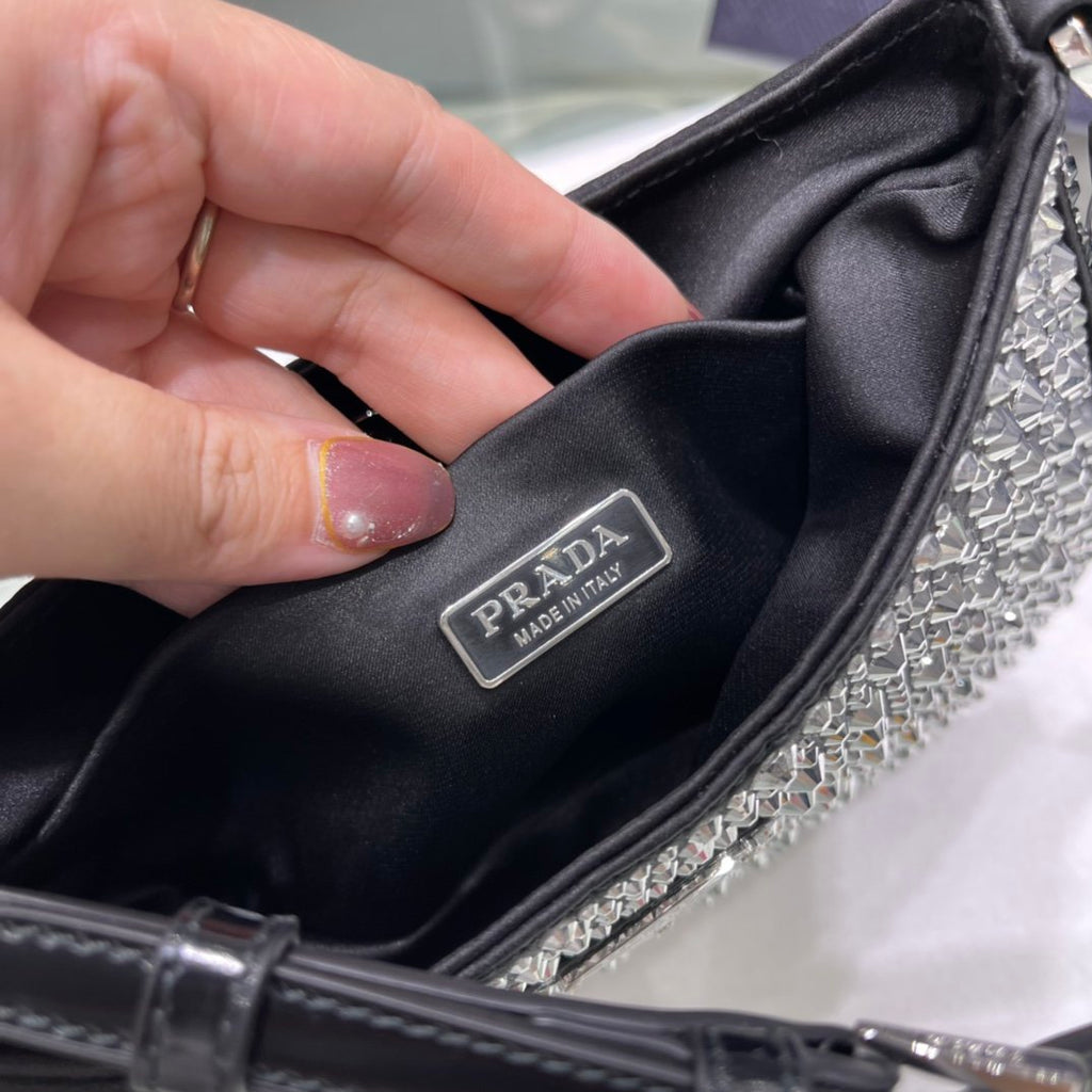 Black PC satin bag with appliqués