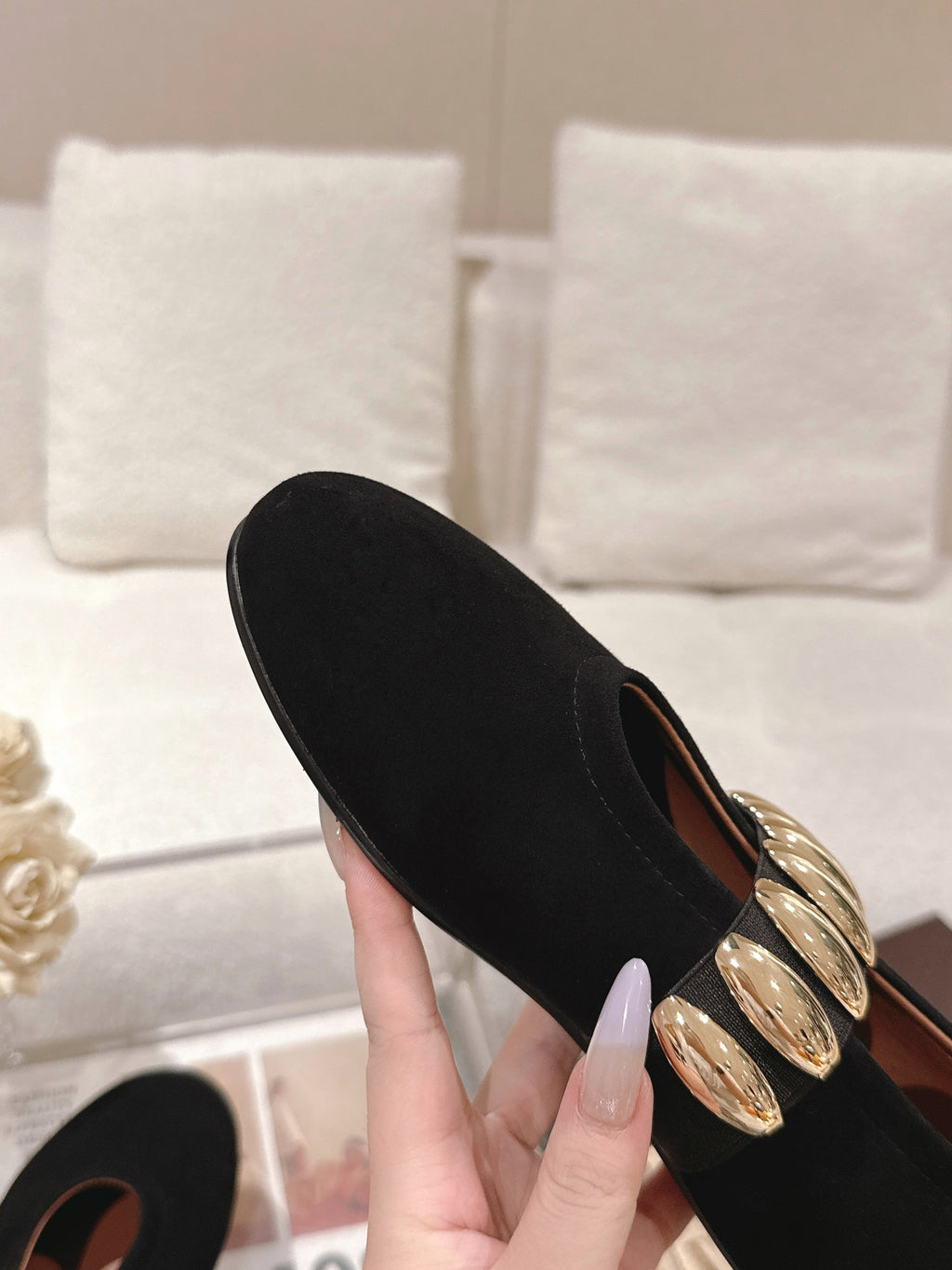 Black Jewel Ballet Flats In Suede