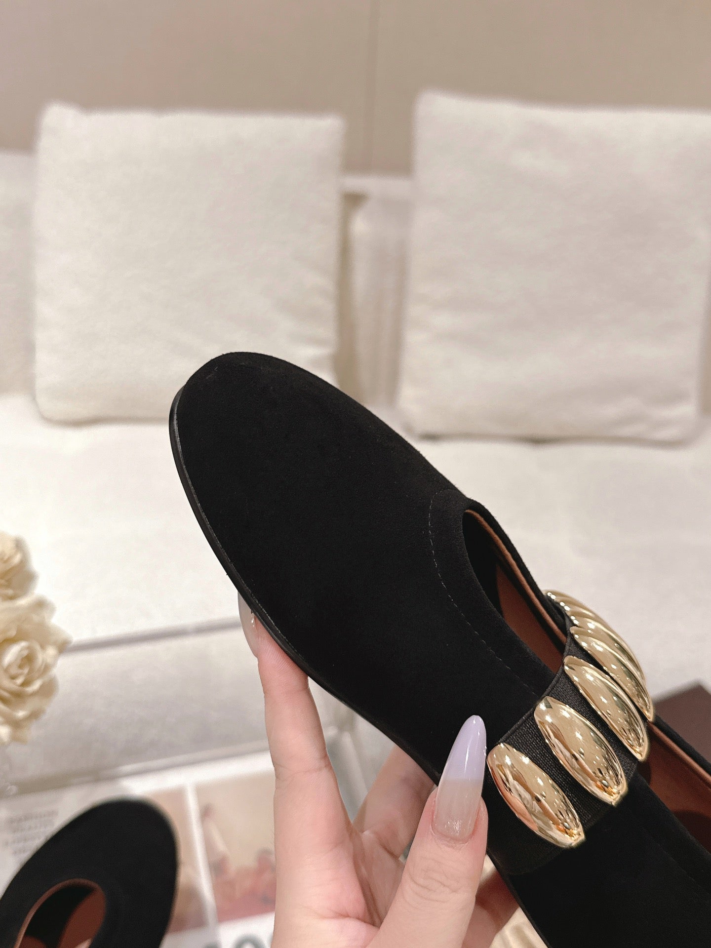 Black Jewel Ballet Flats In Suede