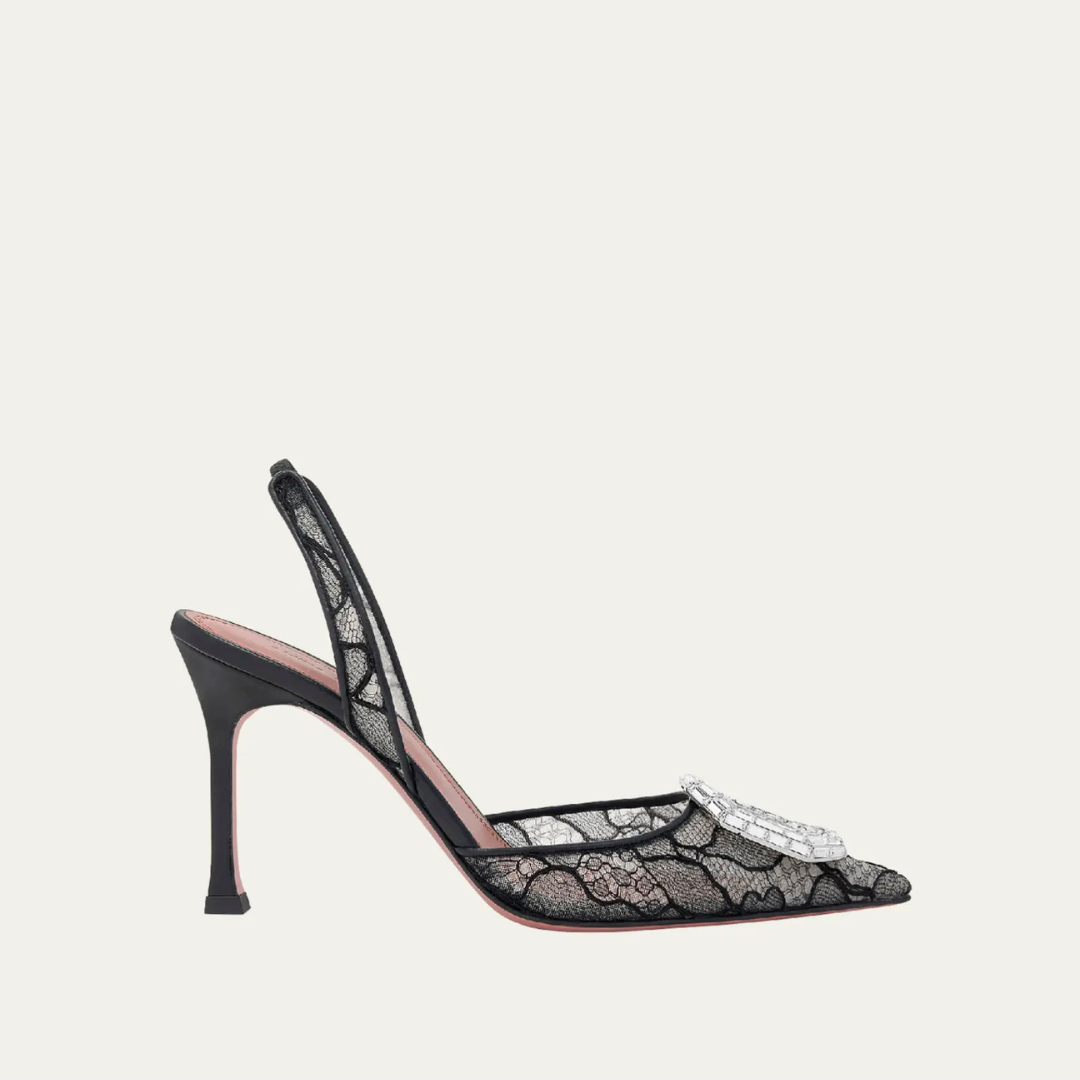 Black Camelia 90 Lace Slingback Pumps