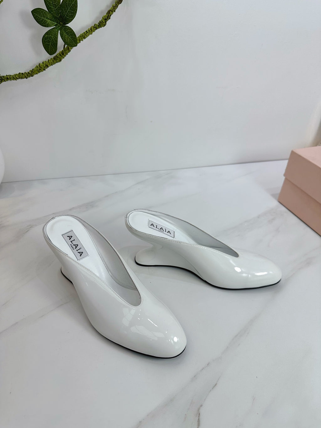 White Curve Wedge Mules