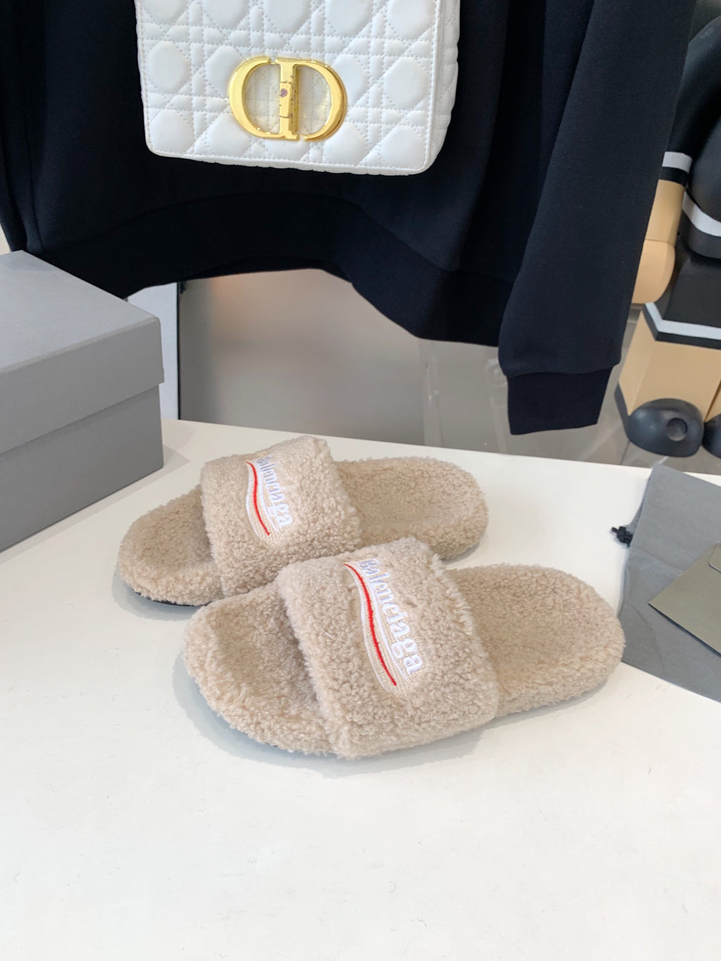 Beige Furry Slides Slip-On Sandals