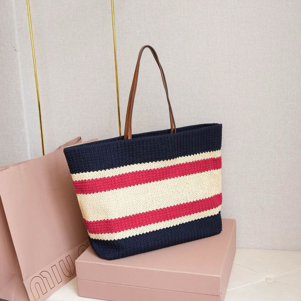 Blue Raffia-Effect Woven Tote Bag
