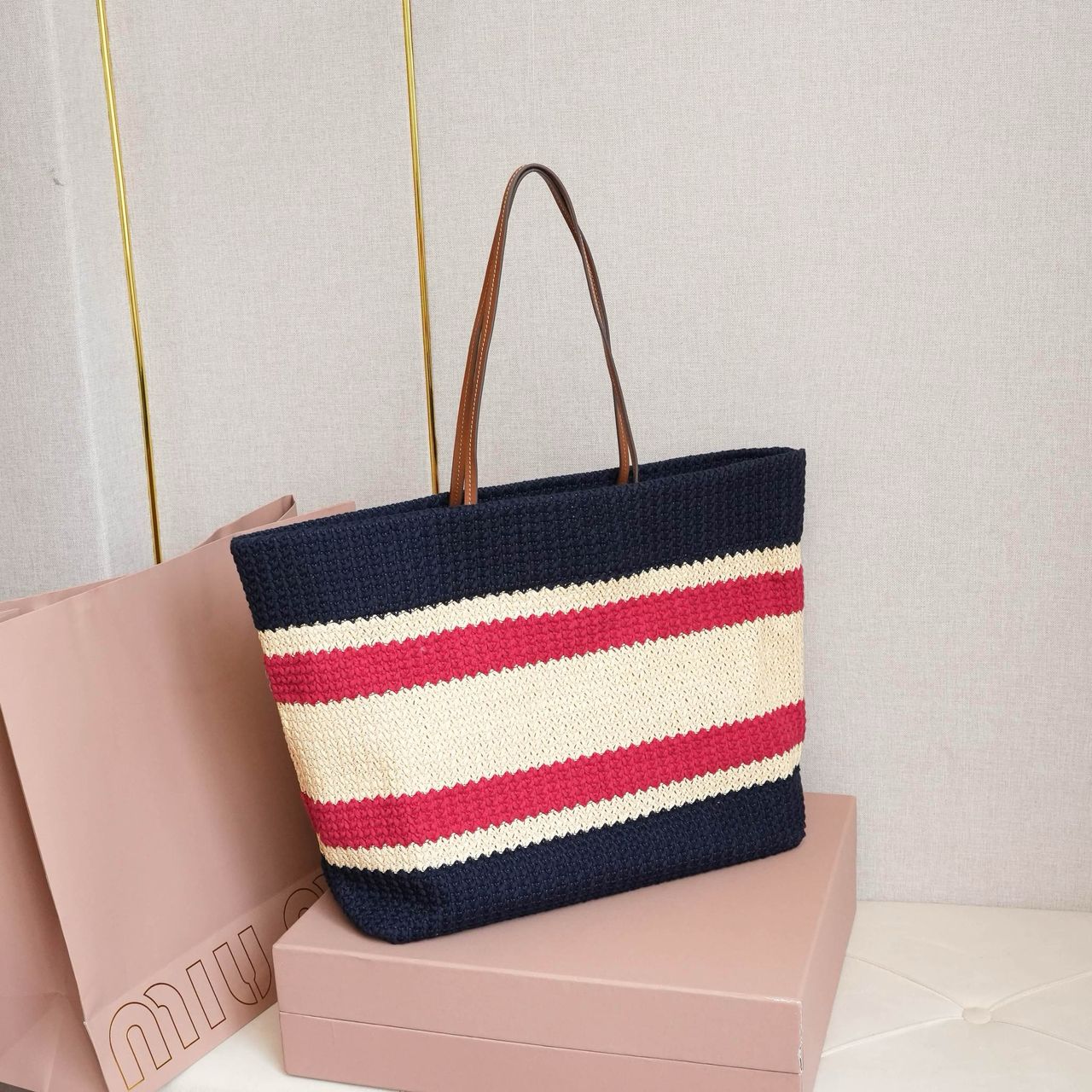 Blue Raffia-Effect Woven Tote Bag
