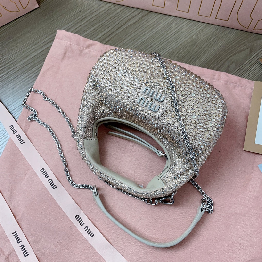Sand Beige Wander Satin Mini Hobo Bag With Synthetic Crystals