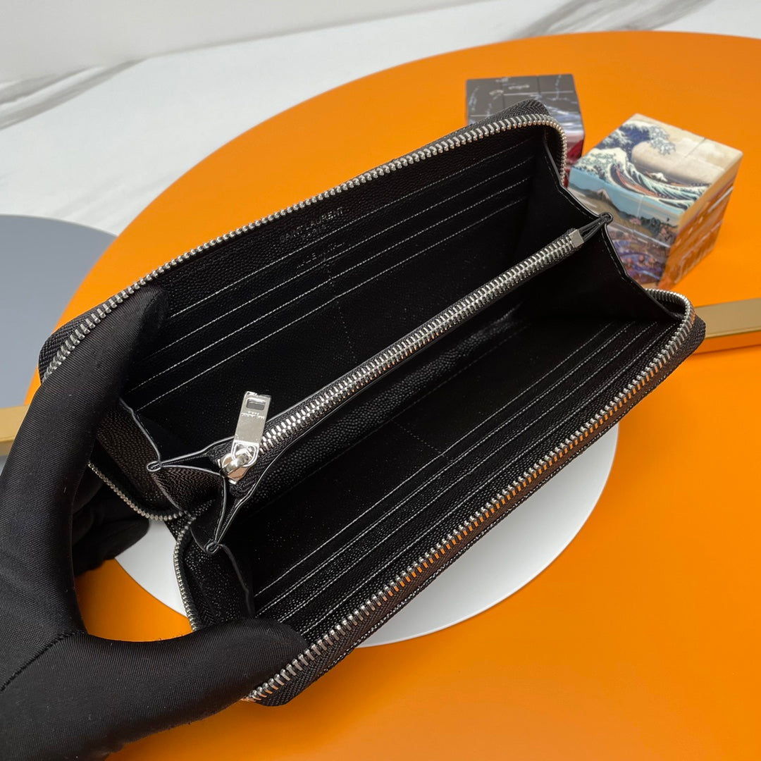 Black Zip-Around Wallet With Silver-Tone Hardware