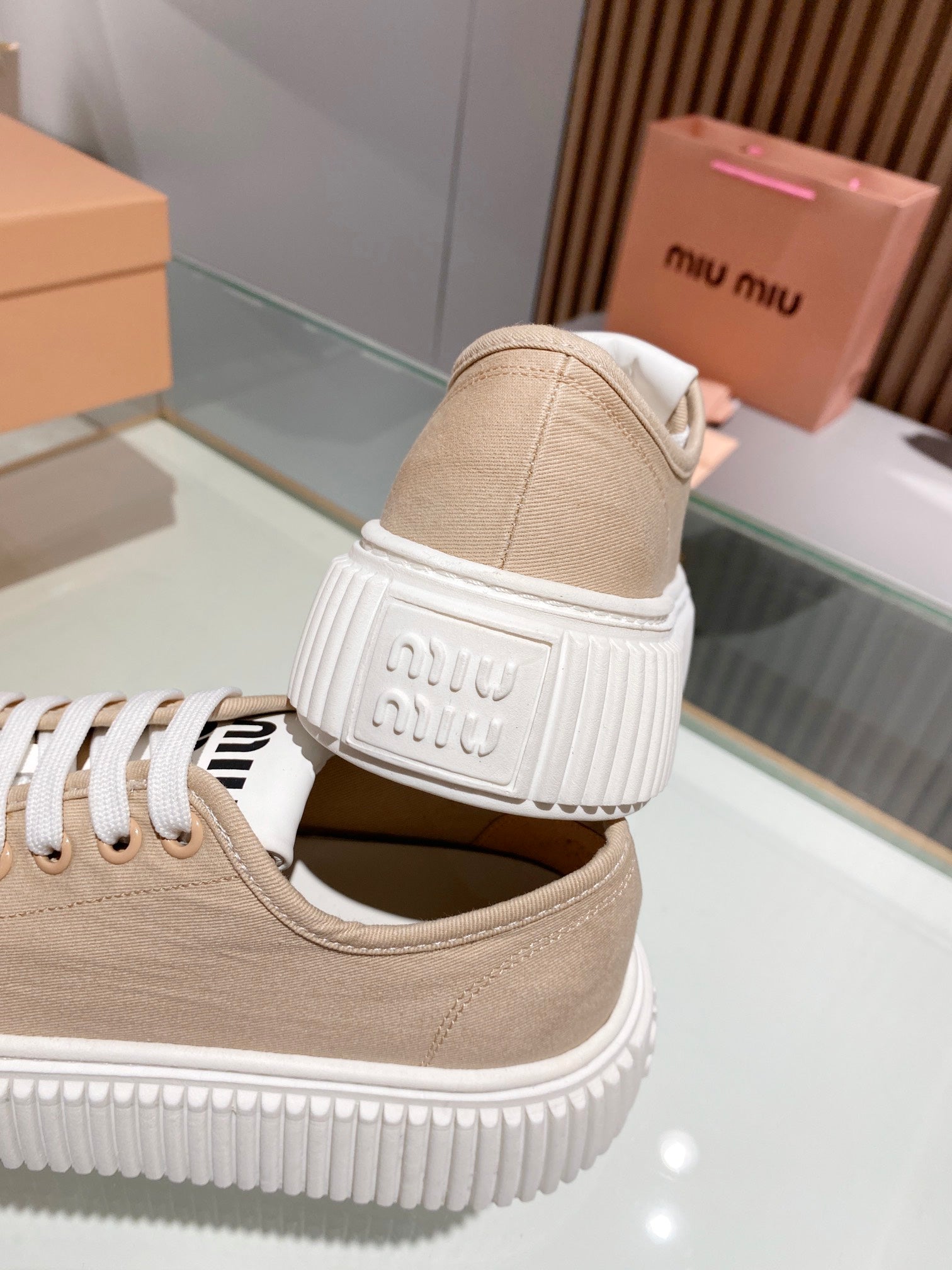 Beige denim sneakers