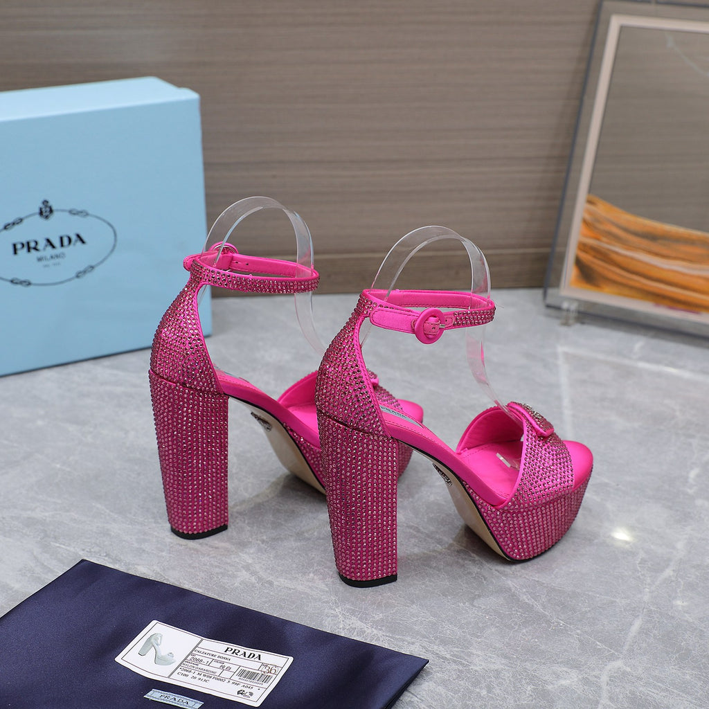 Pink Satin Platform Sandals With Crystals