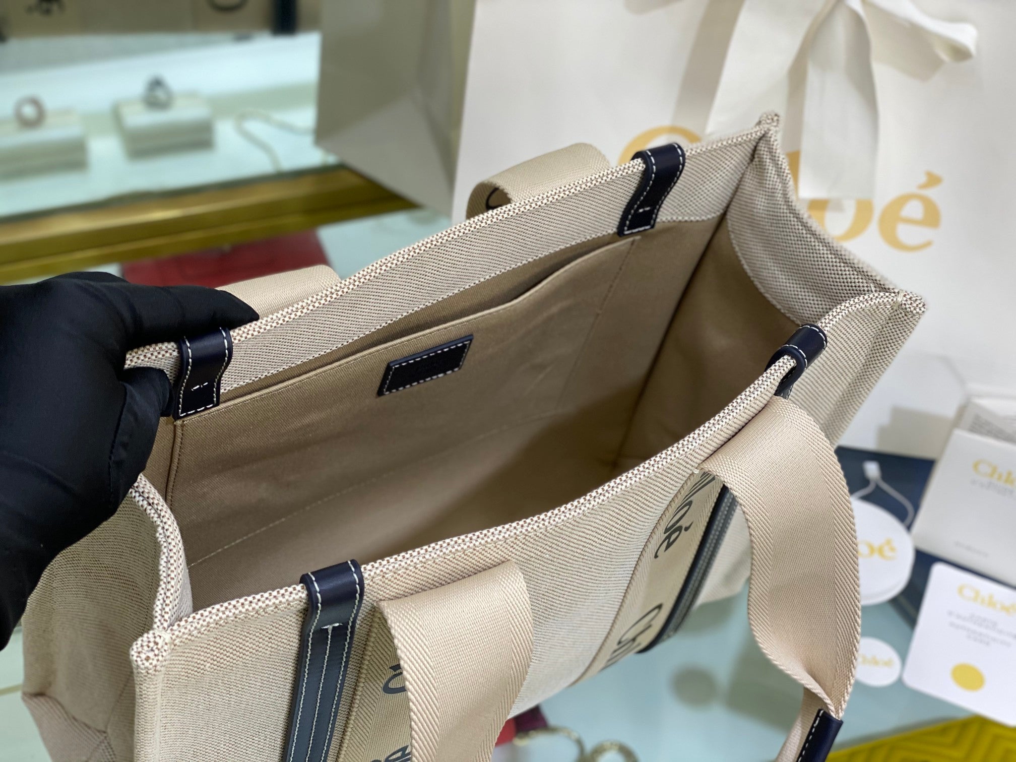 CW medium navy leather-trimmed cotton-canvas tote