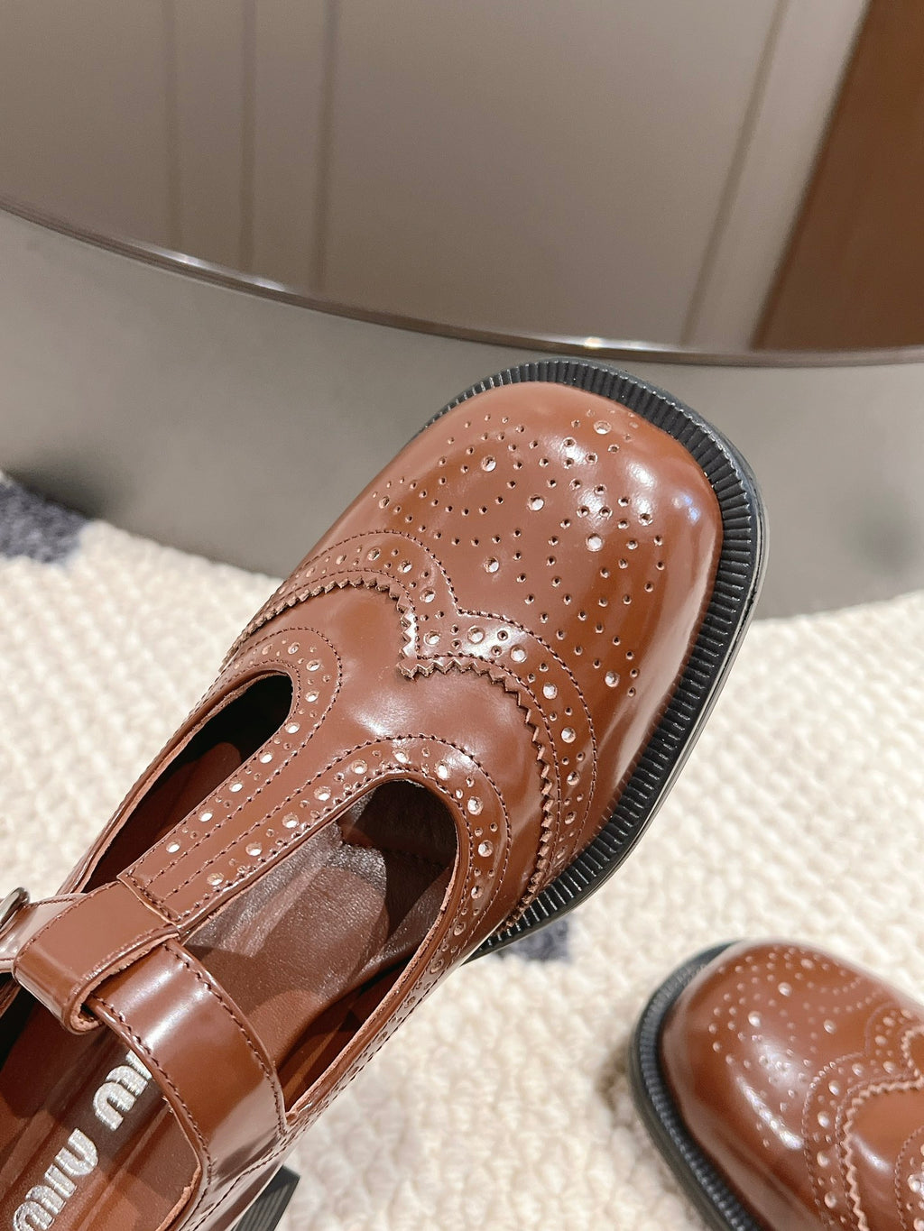 Tobacco Brushed Leather T-Strap Brogue Shoes