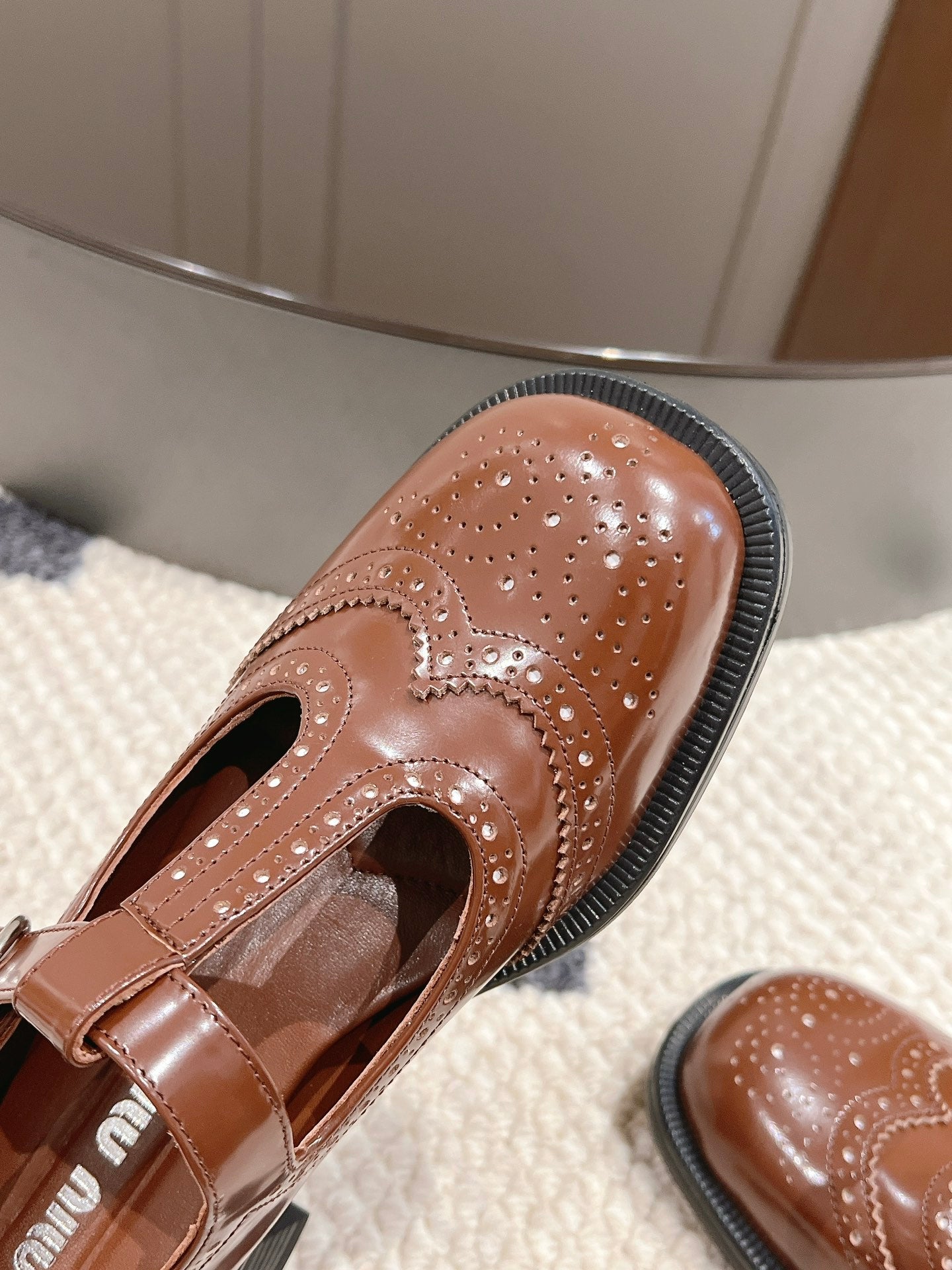 Tobacco Brushed Leather T-Strap Brogue Shoes