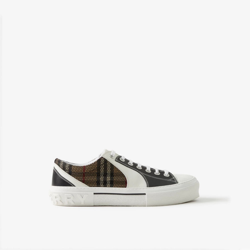 Women's Black & White Vintage Check Cotton, Mesh and Leather Sneakers