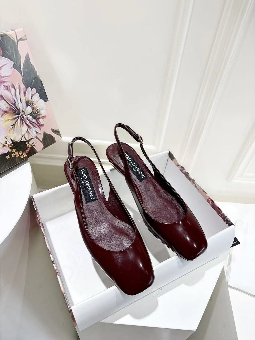 Burgundy Patent Leather Slingbacks