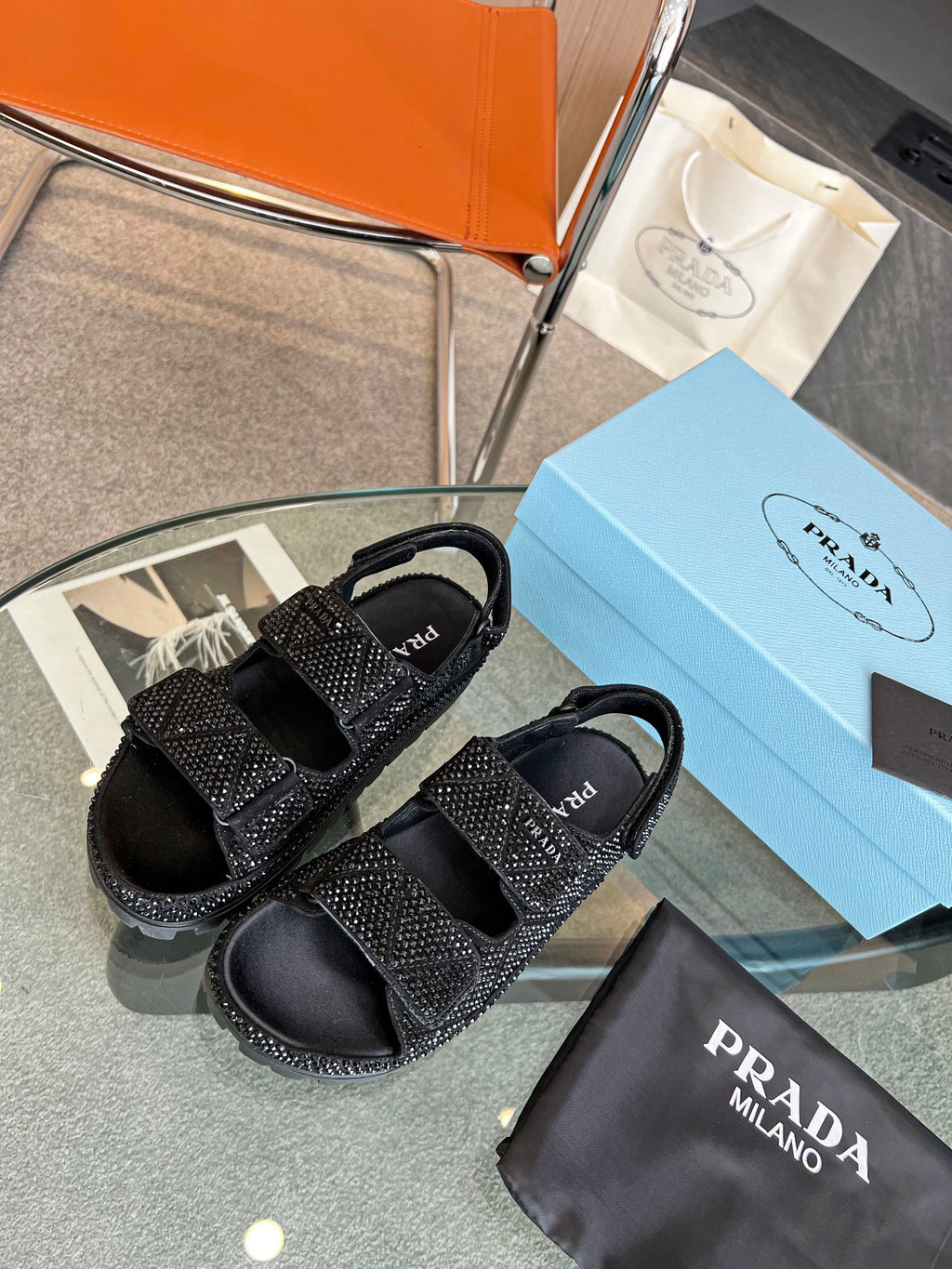 Black P satin sandals with crystals