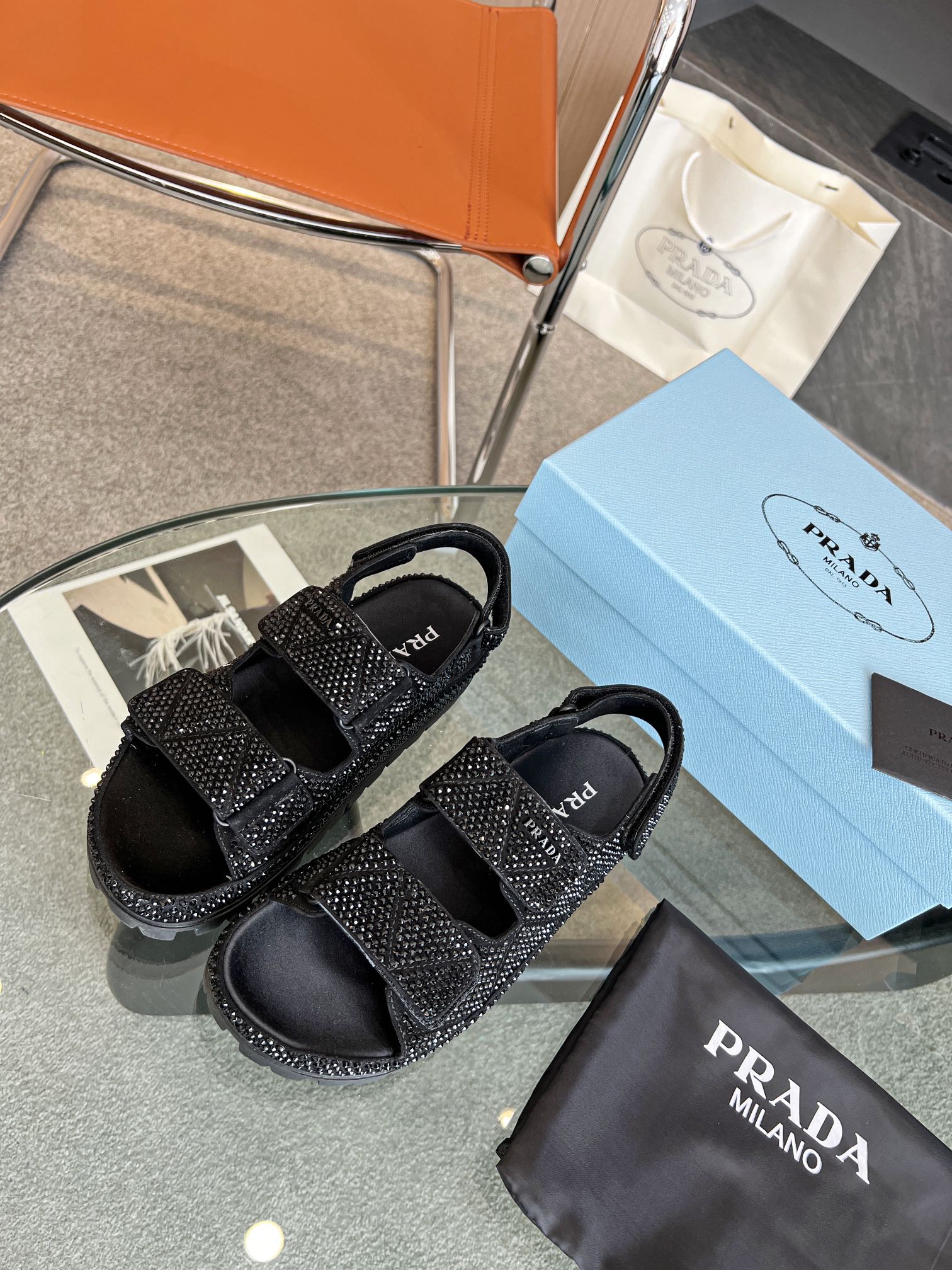 Black P satin sandals with crystals