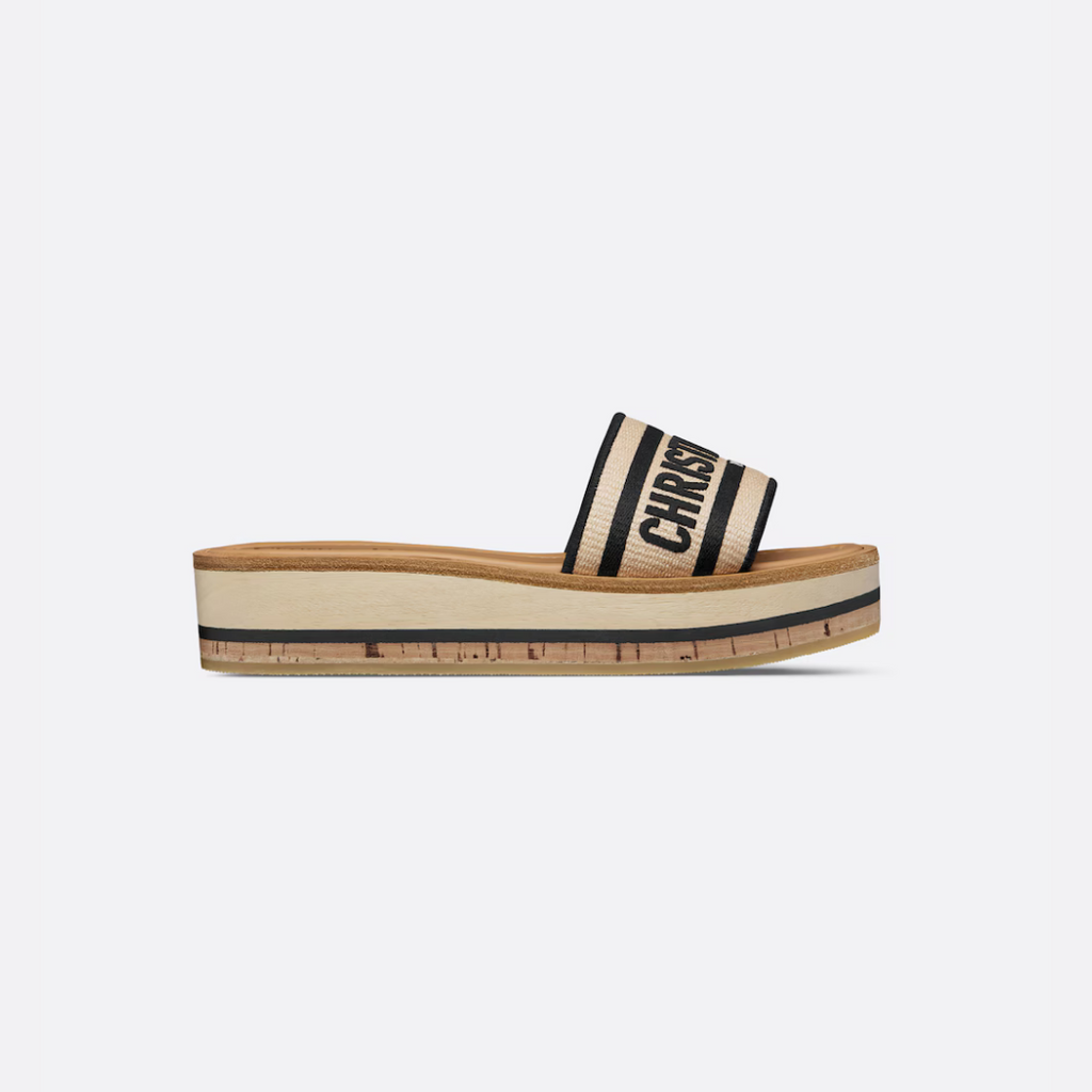 Natural Raffia & Black Embroidered DD Platform Slide