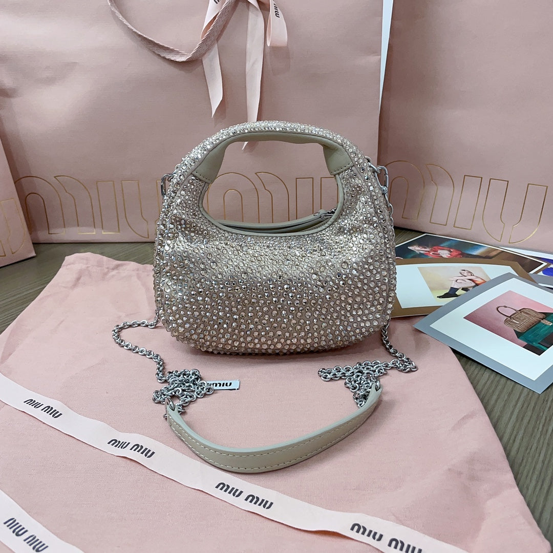 Sand Beige Wander Satin Mini Hobo Bag With Synthetic Crystals