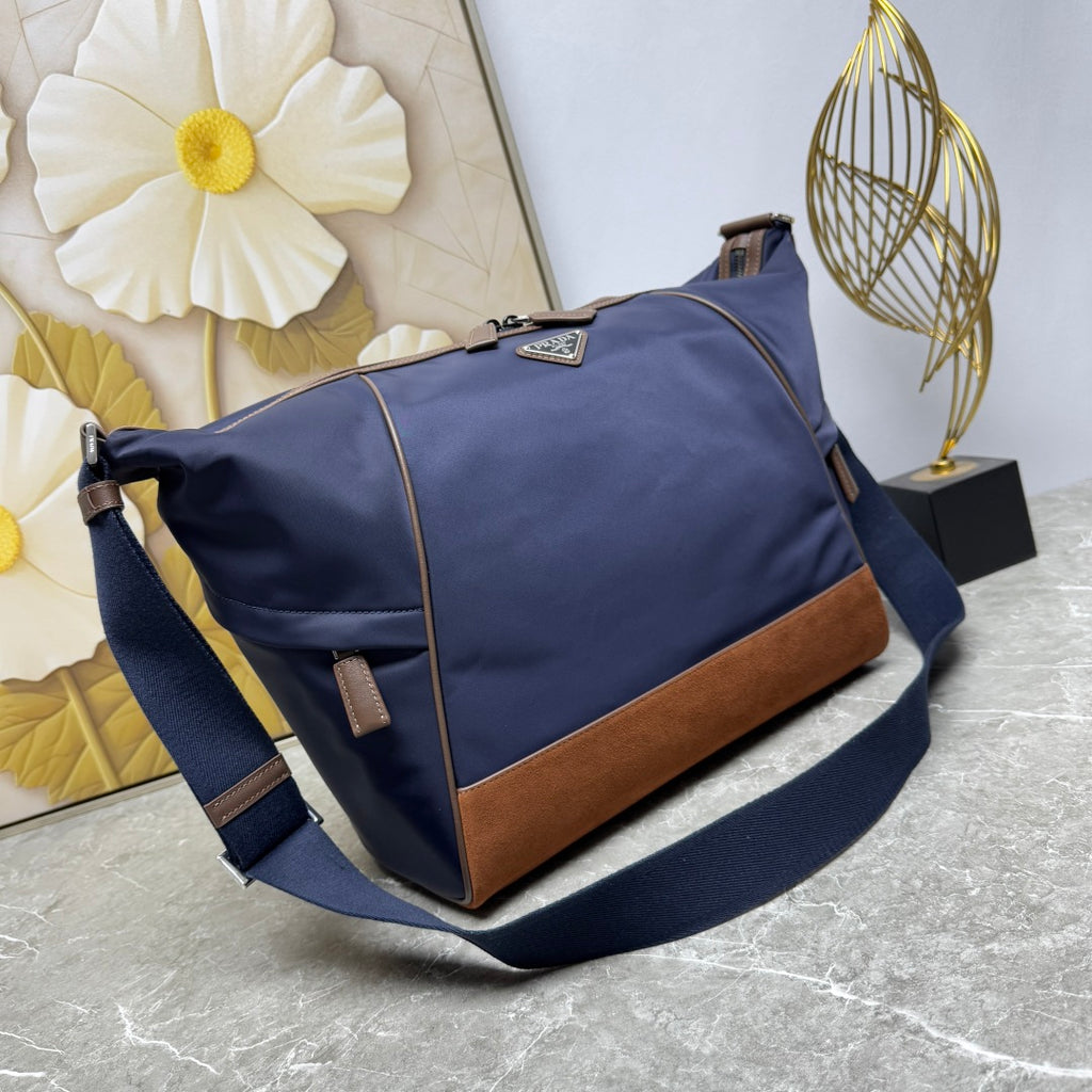 Blue/Coffee Re-Nylon & Leather Shoulder Bag