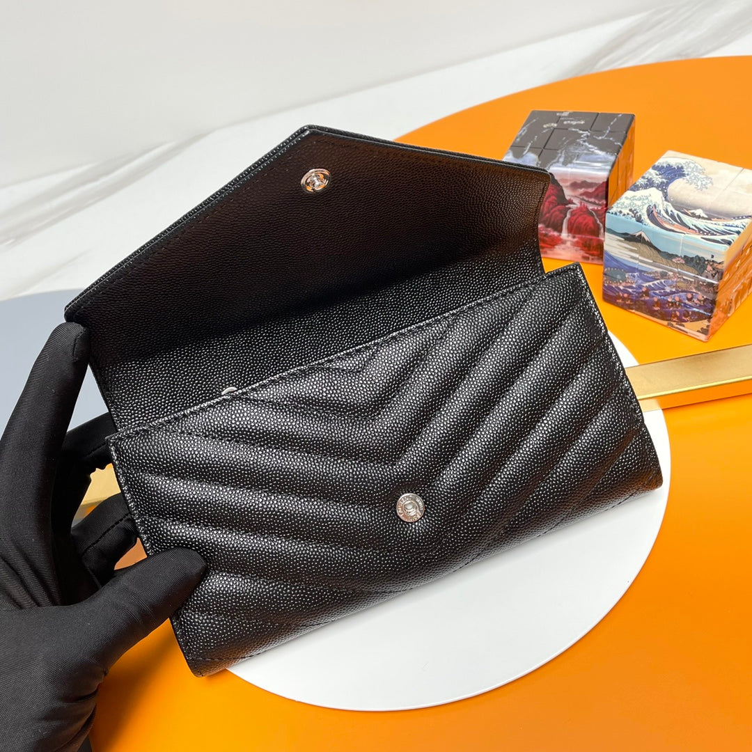 Black Large Flap Wallet With Silver-Tone Hardware