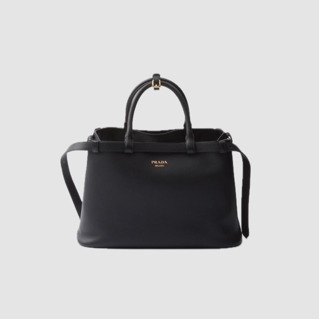 Black Buckle Medium Leather Handbag With Double Belt