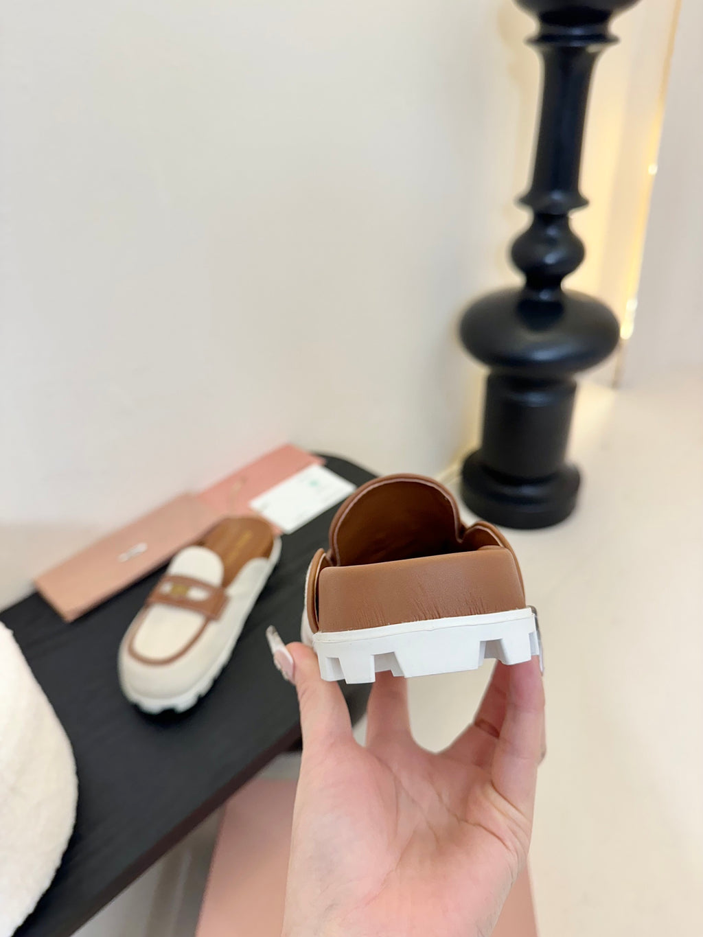 Beige/Brandy Canvas & Leather Mules