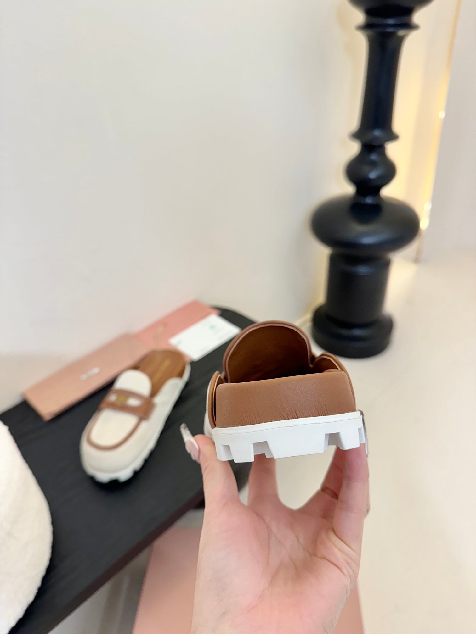 Beige/Brandy Canvas & Leather Mules