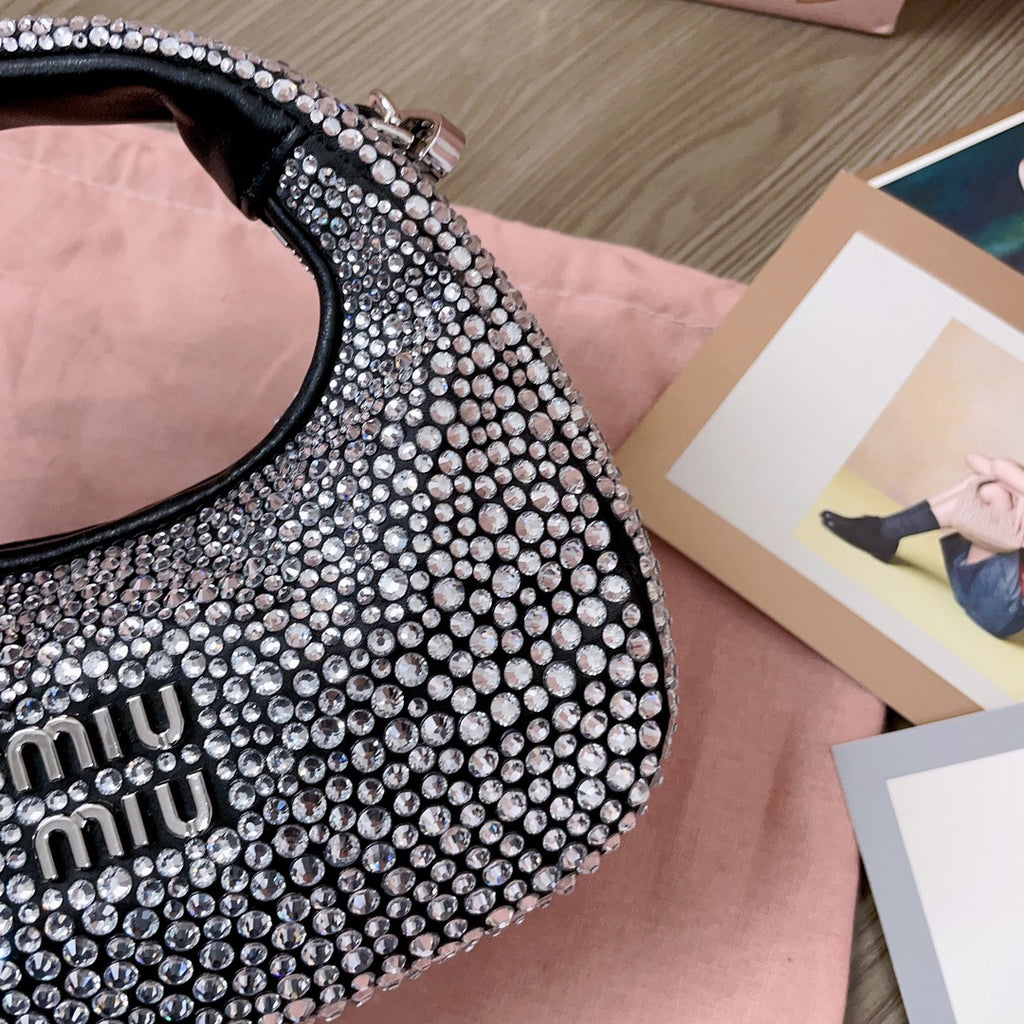 Black Wander Satin Mini Hobo Bag With Synthetic Crystals