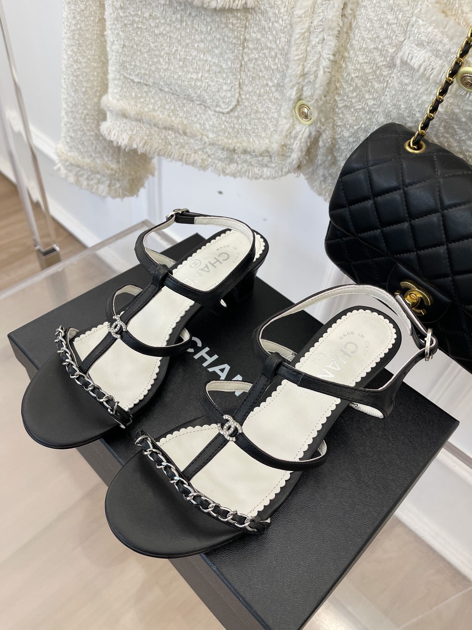 Black CC leather & metal sandals