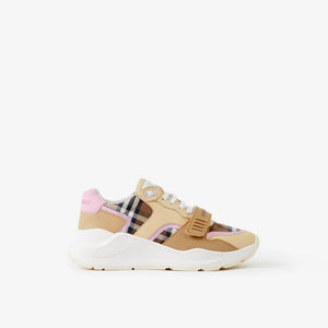 Brown/Pink Check Cotton and Leather Sneakers