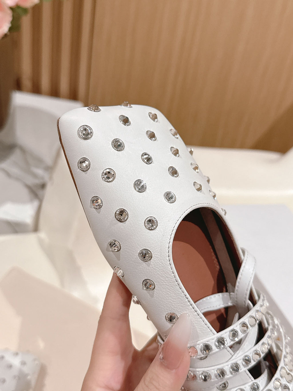 White Ane Embellished Leather Ballet Flats