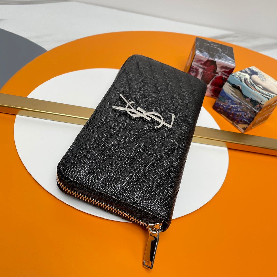 Black Zip-Around Wallet With Silver-Tone Hardware