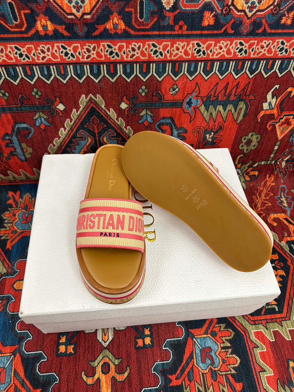 Natural Raffia & Pink Embroidered DD Platform Slide