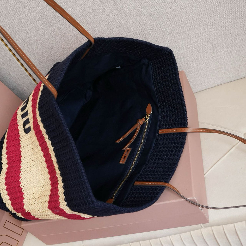 Blue Raffia-Effect Woven Tote Bag