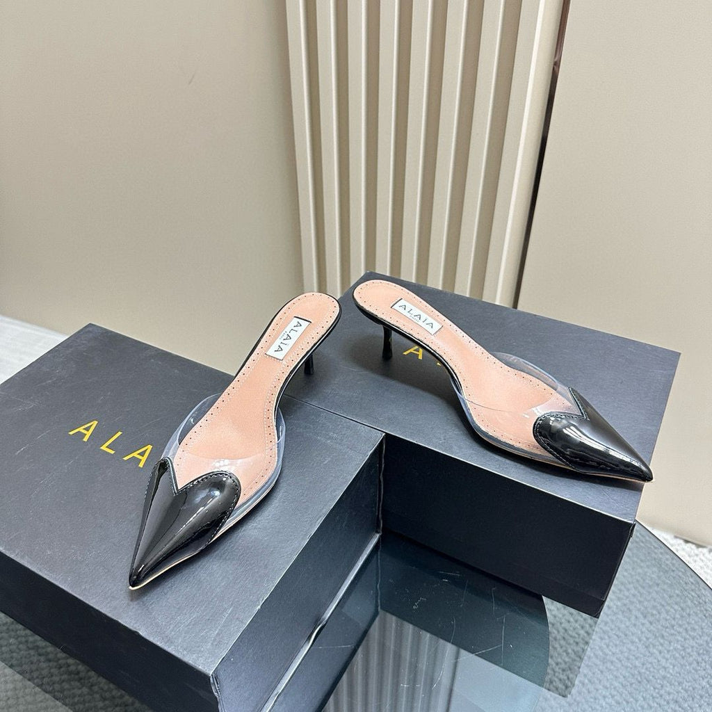 Black LC Mules In Patent Leather