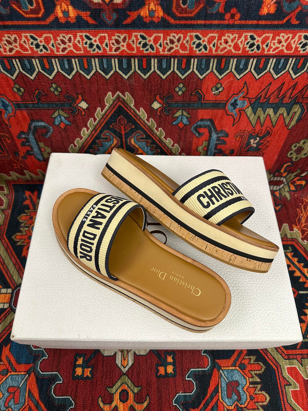 Natural Raffia & Black Embroidered DD Platform Slide