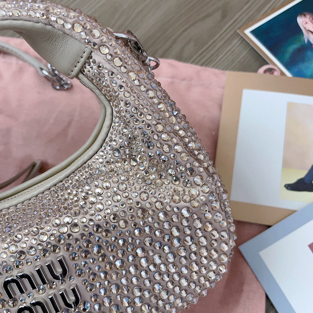 Sand Beige Wander Satin Mini Hobo Bag With Synthetic Crystals