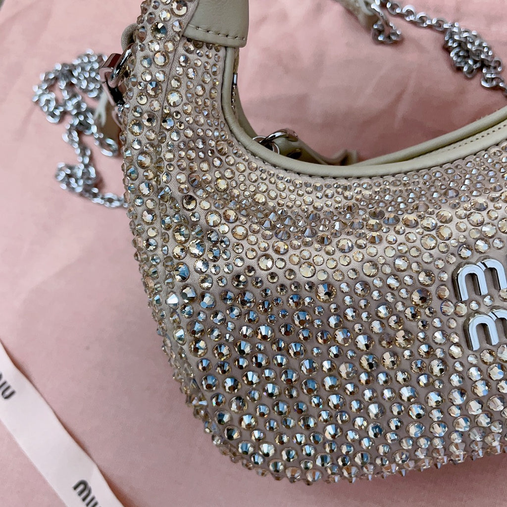 Sand Beige Wander Satin Mini Hobo Bag With Synthetic Crystals