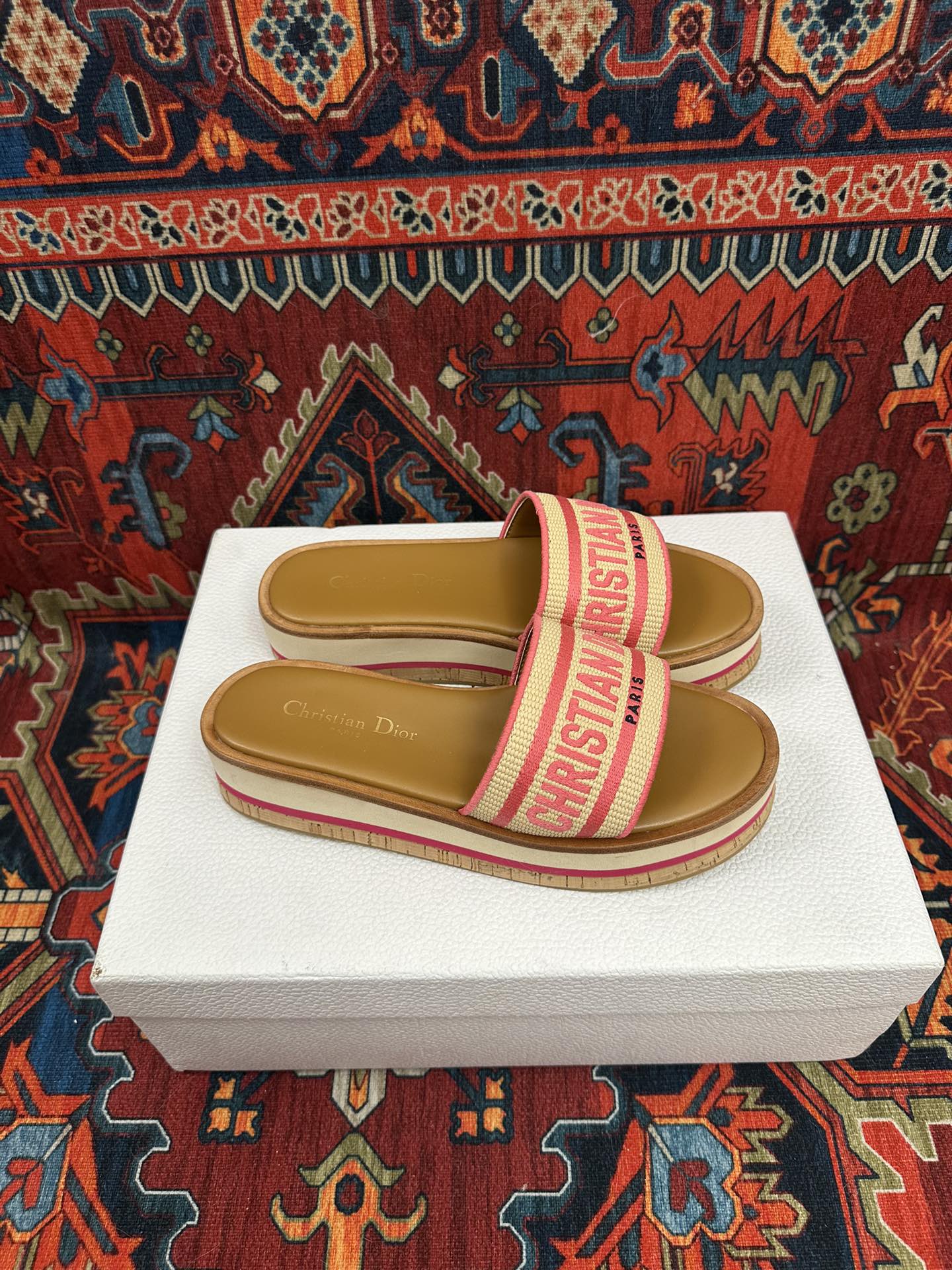 Natural Raffia & Pink Embroidered DD Platform Slide