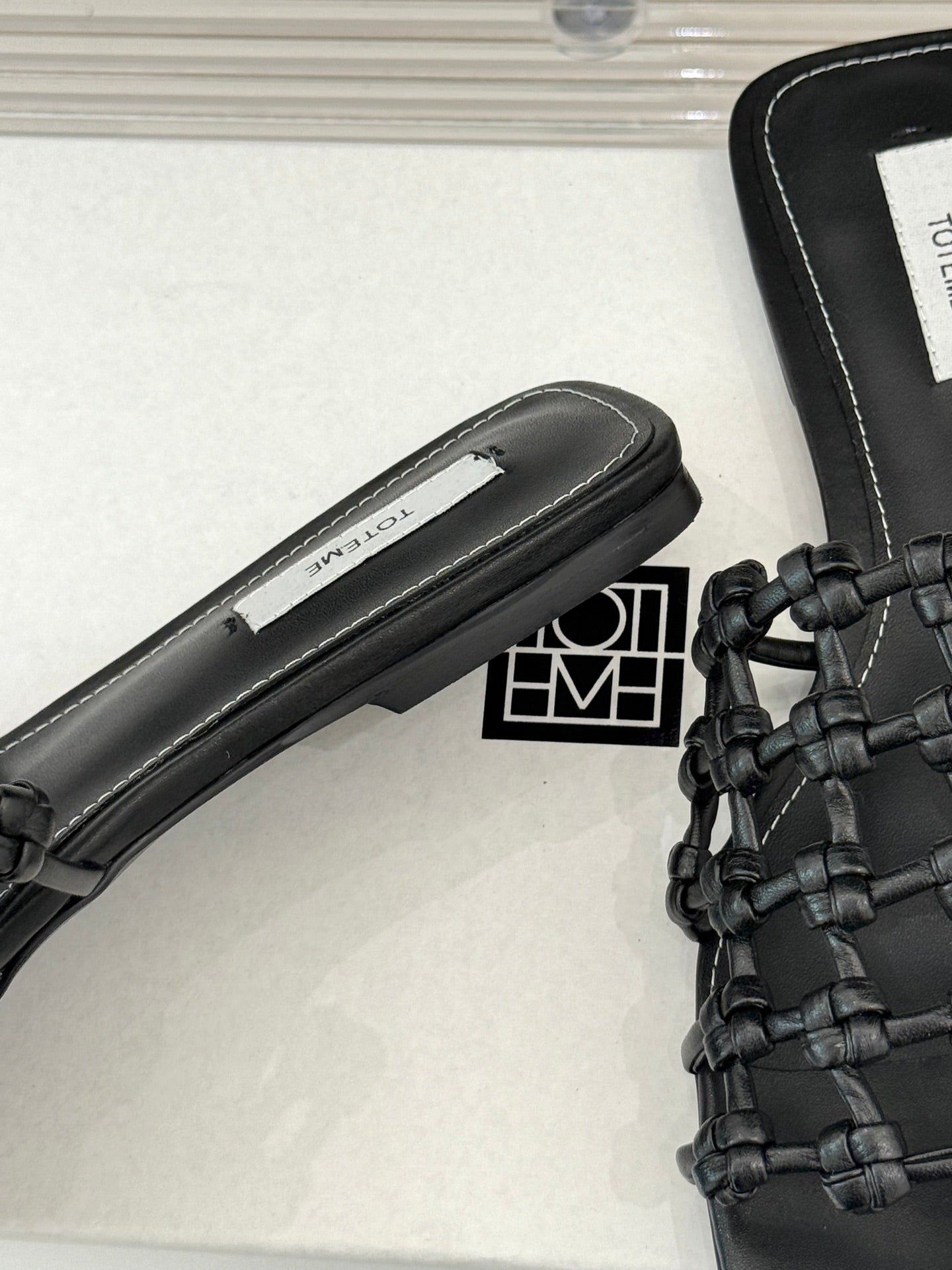 Black Braided-Leather Bandeau Slides