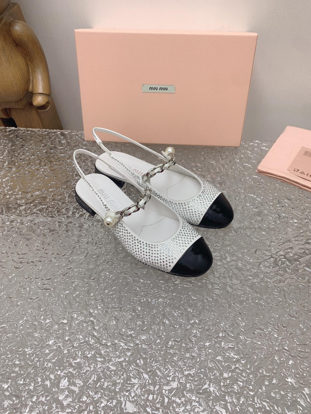 Ivory/Black Satin Slingback Ballerinas With Crystals