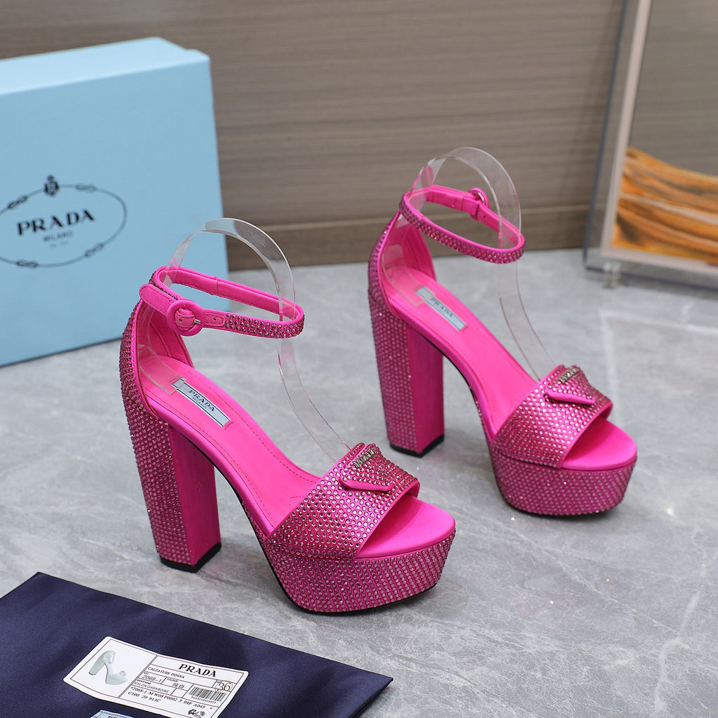 Pink Satin Platform Sandals With Crystals