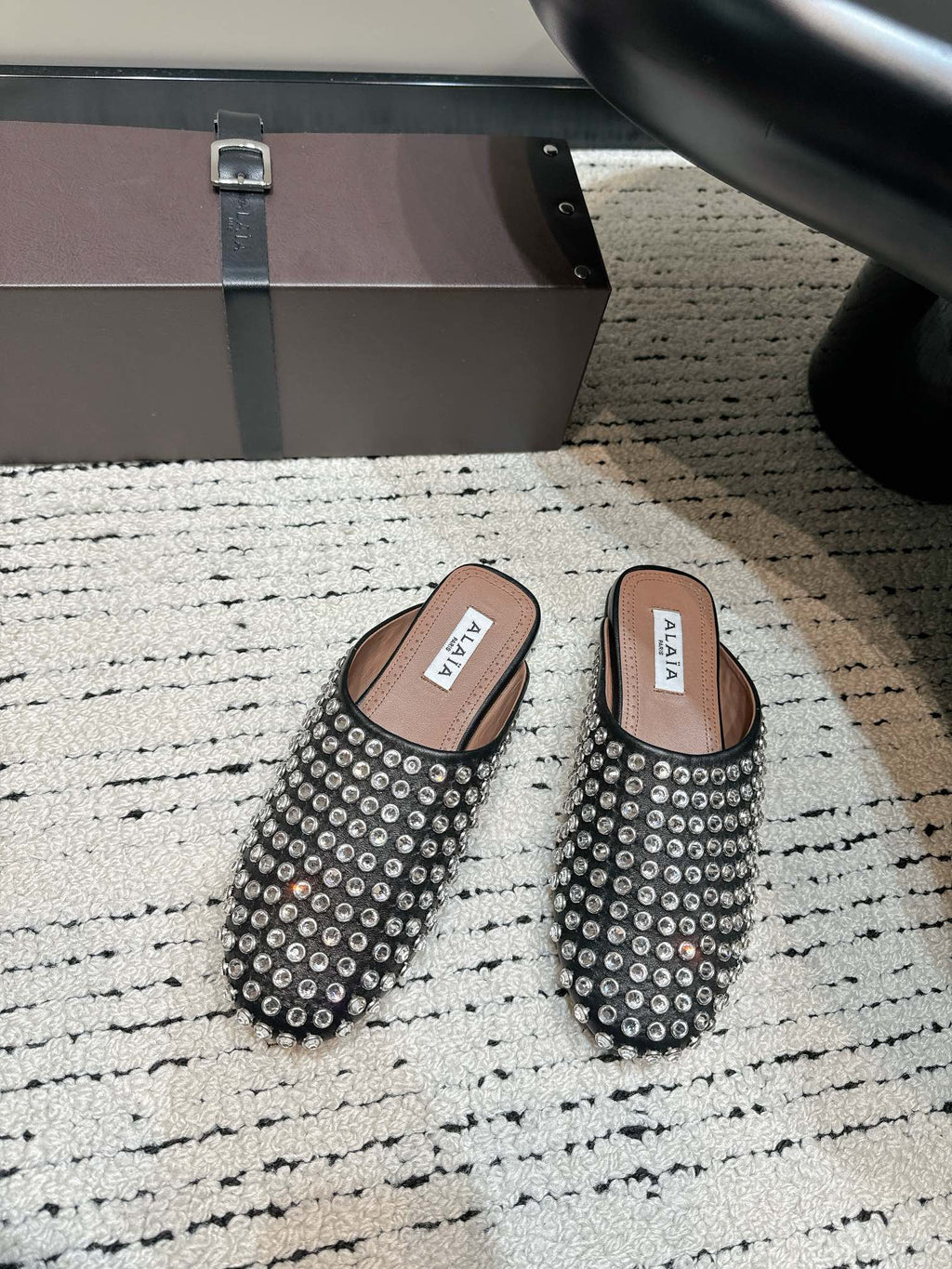 Black Flat Mules In Strass Leather
