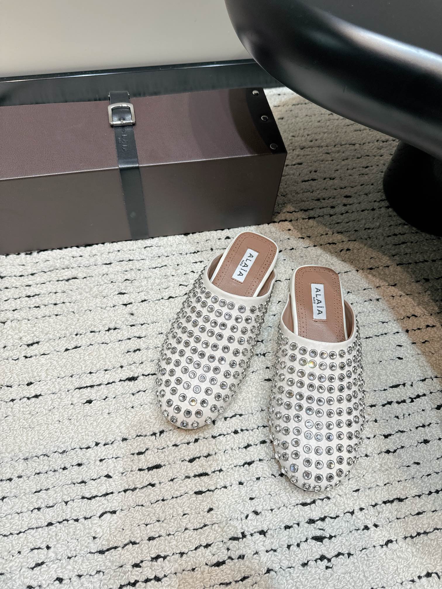 White Flat Mules In Strass Leather
