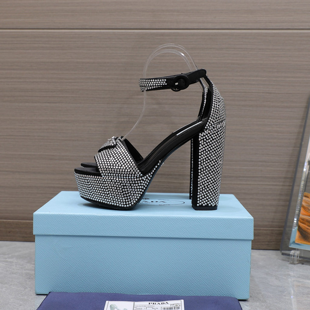 Black Satin Platform Sandals With Crystals
