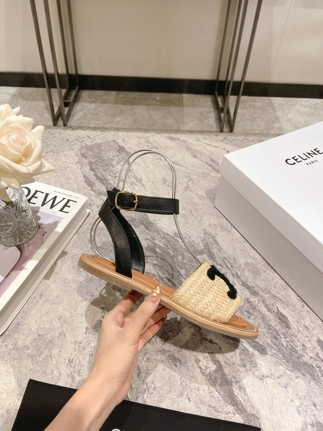 Beige & Black CL Flat Strap Sandal
