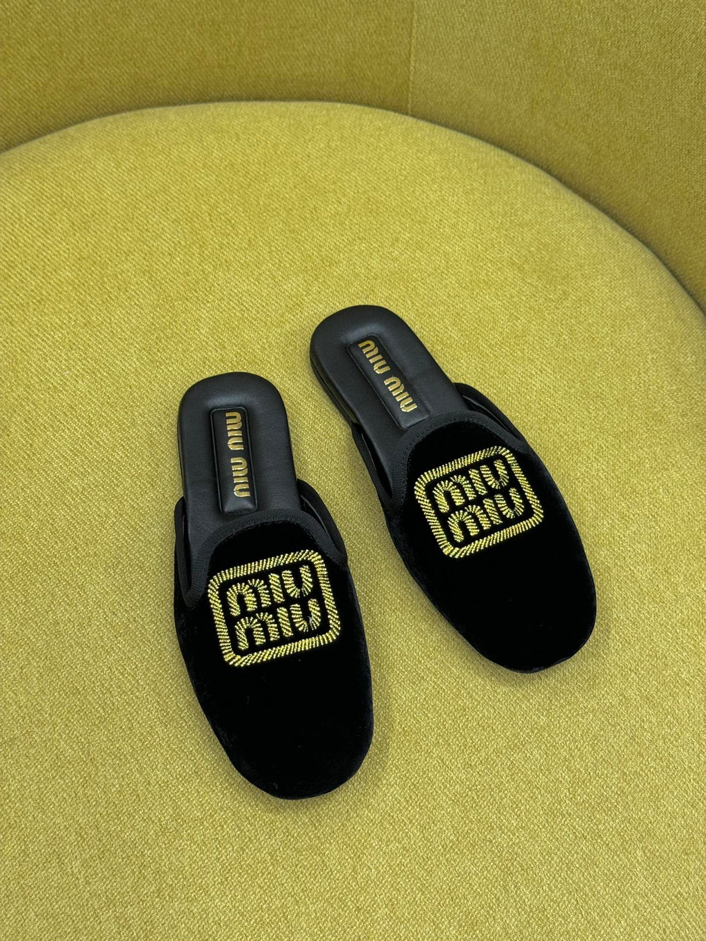 Black Velvet Slippers With Embroidered Logo